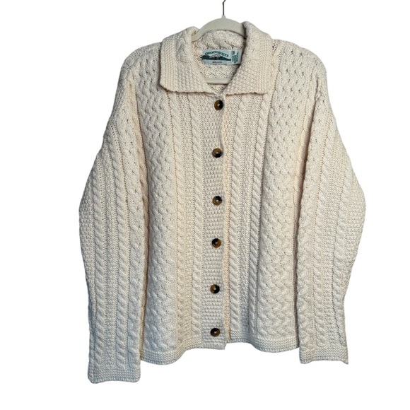 Aran Craft Ireland 100% Merino Wool Cardigan Sweater Chunky Cable Knit Ivory M - Picture 2 of 8